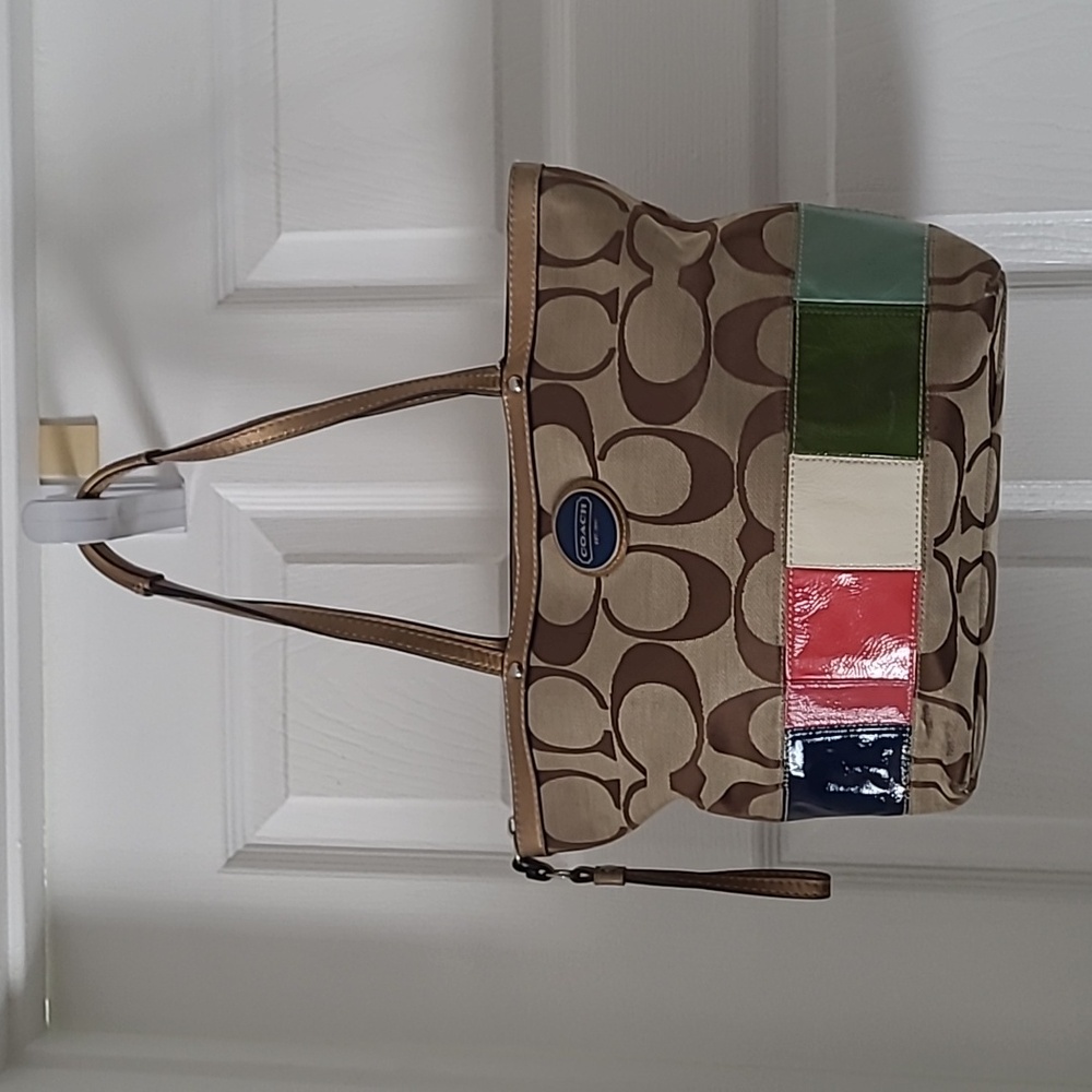 Coach Legacy Rainbow Patchwork Signature Khaki Gold Leather Handles